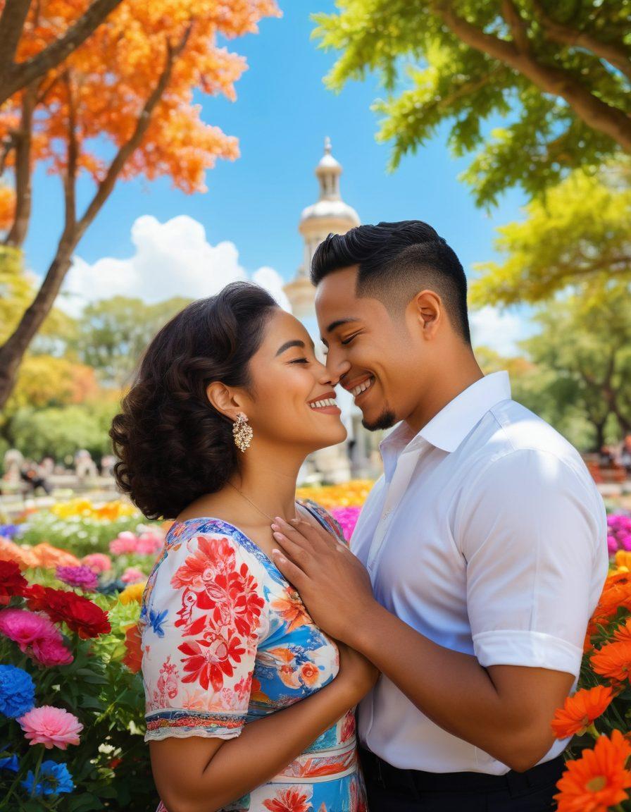A close-knit group of diverse Blatino couples embracing each other, displaying affection and support in a vibrant park setting, surrounded by colorful flowers and cultural symbols that represent both Latin and Black heritage. The scene captures warmth, joy, and connection among different couples holding hands, laughing together, and sharing intimate moments. The backdrop features a sunny day with bright blue skies and artistic patterns reflecting their cultural richness. super-realistic. vibrant colors. natural lighting.