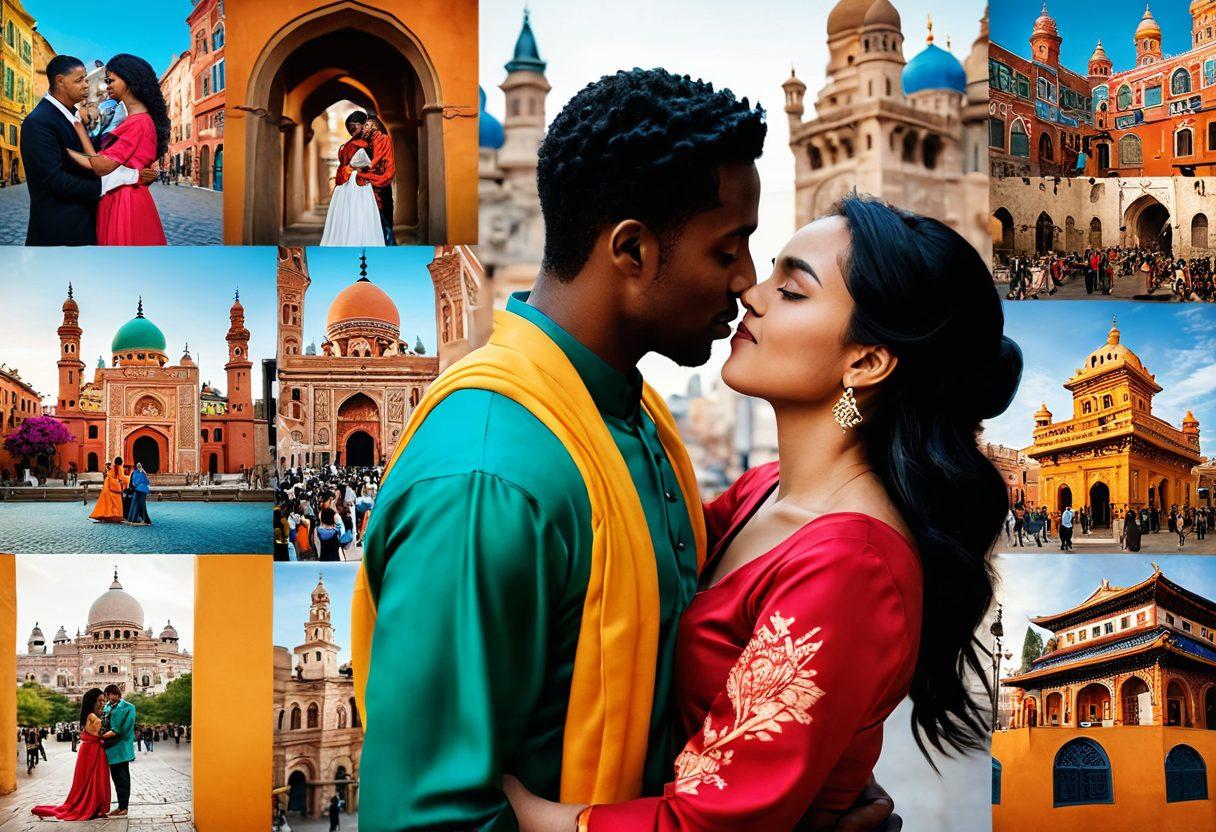 A captivating collage of diverse couples from different cultural backgrounds, each sharing an intimate moment in a vibrant cityscape. Include traditional attire, meaningful symbols of love, and iconic landmarks from various cultures. Capture the warmth and connection in their eyes, showcasing the beauty of multicultural romance. super-realistic. vibrant colors. soft-focus background.