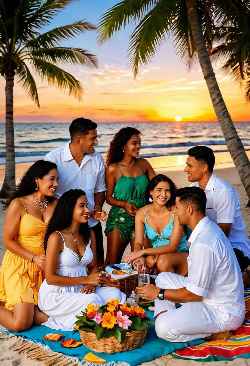 A vibrant gathering of diverse couples from the Blatino community enjoying a sunset beach picnic, showcasing intimate connections, laughter, and shared moments. Include elements of traditional Hispanic decorations and artifacts, with a backdrop of colorful tropical flora. Capture a warm, inviting atmosphere that radiates love and unity. super-realistic. vibrant colors. sunset background.